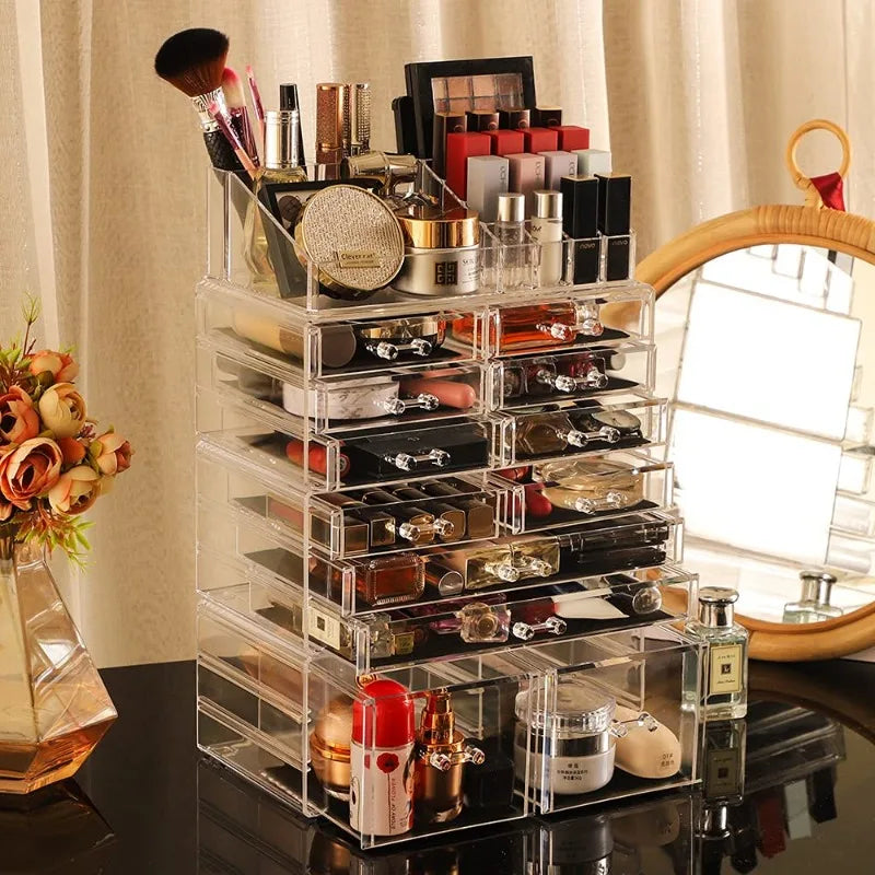 Makeup Organizer Skin Care Large Clear Cosmetic Display Cases Stackable Storage Box With 12 Drawers For Vanity