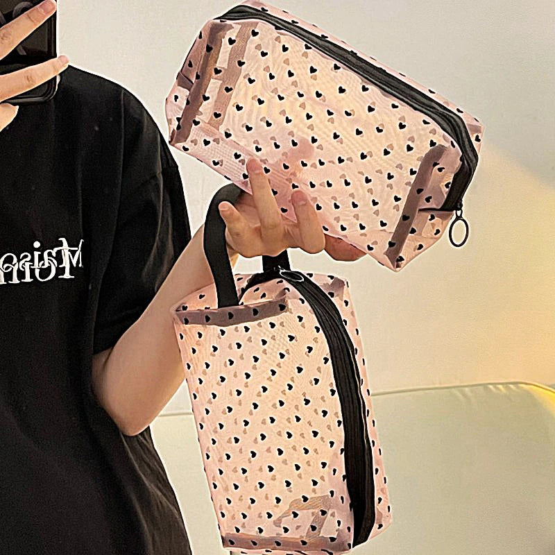 Love Print Mesh Cosmetic Bag - Portable Toiletry Organizer Makeup Storage Pouch