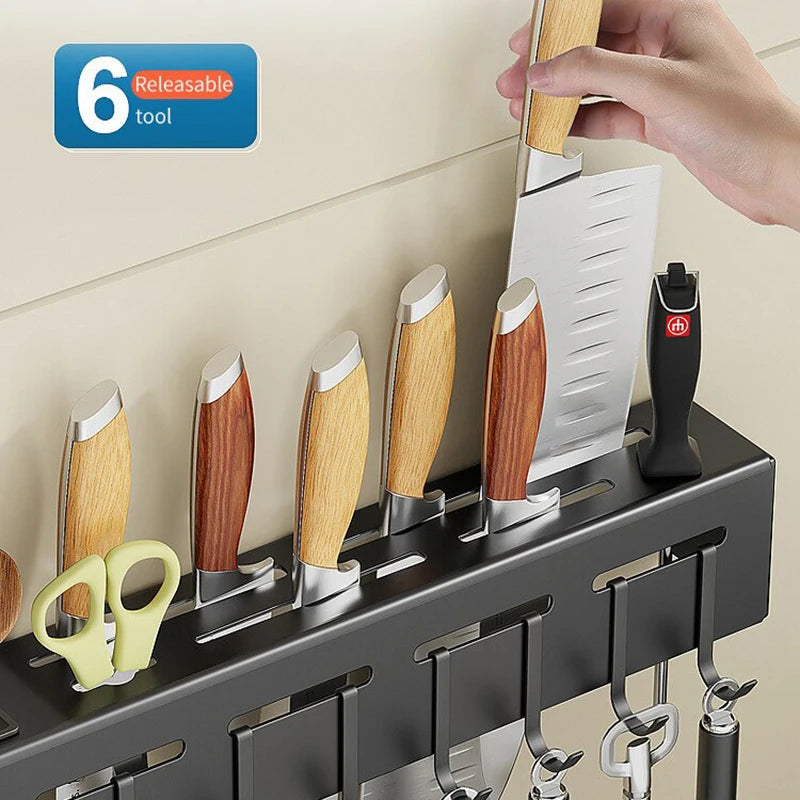 Stainless Steel Wall-mounted Multifunctional Storage Knife Rack with Multiple Brackets and Hooks