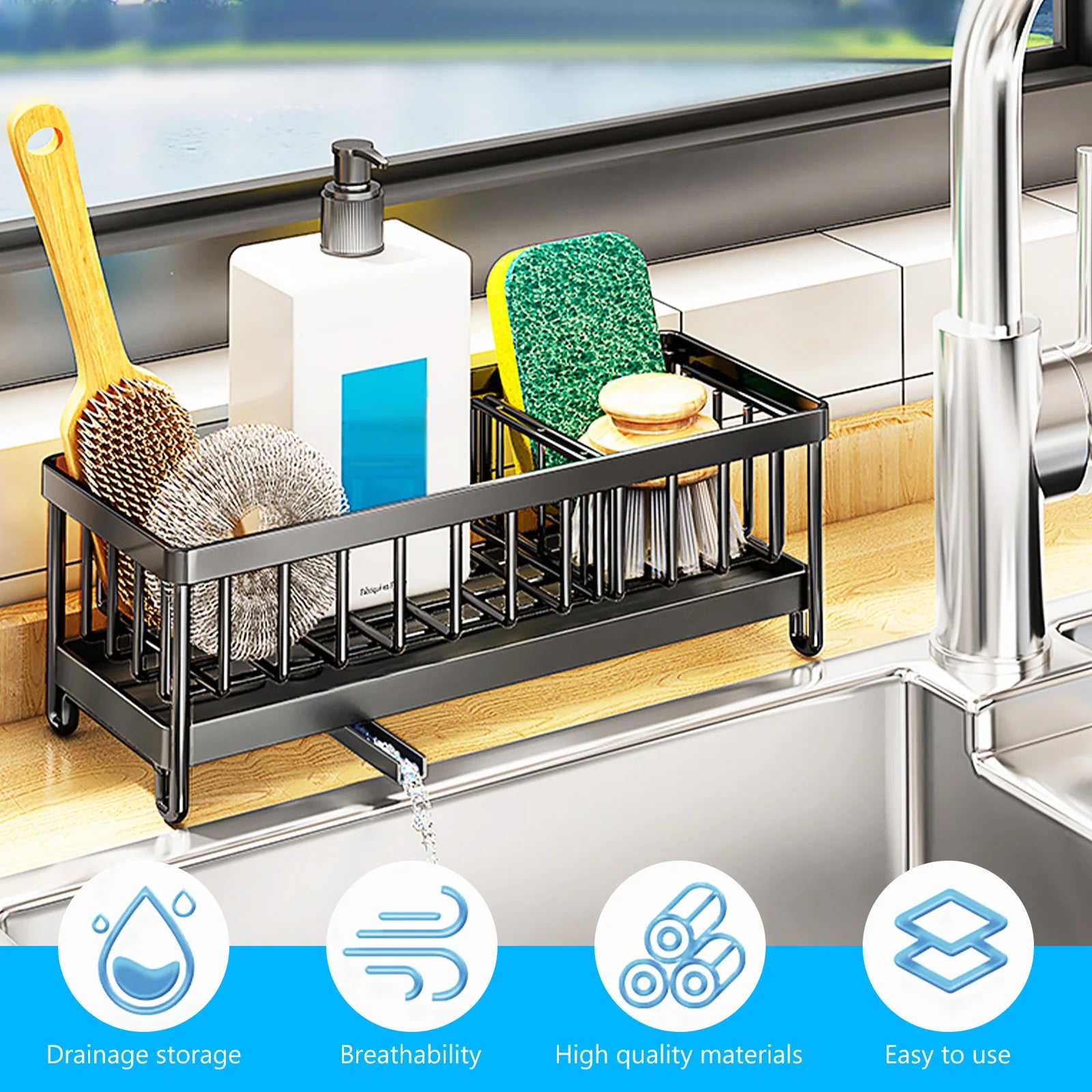 Stainless Steel Sponge Holder for Kitchen Sink Kitchen Sink Caddy Stand Drain Rack Cleaning Brush Soap Organizer