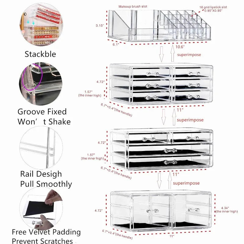 Makeup Organizer Skin Care Large Clear Cosmetic Display Cases Stackable Storage Box With 12 Drawers For Vanity