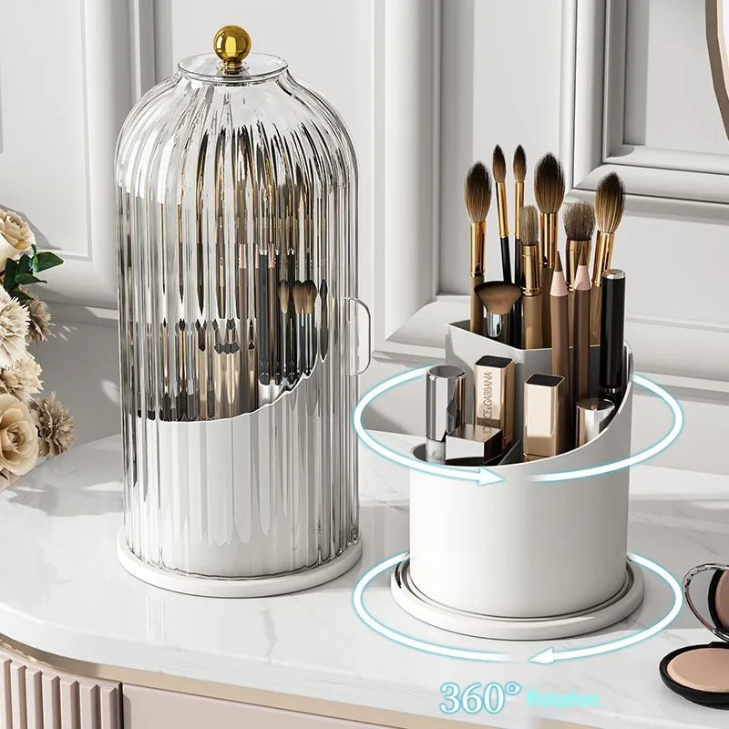 360° Rotating Makeup Brush Holder with Lid - Luxury Cosmetic Organizer