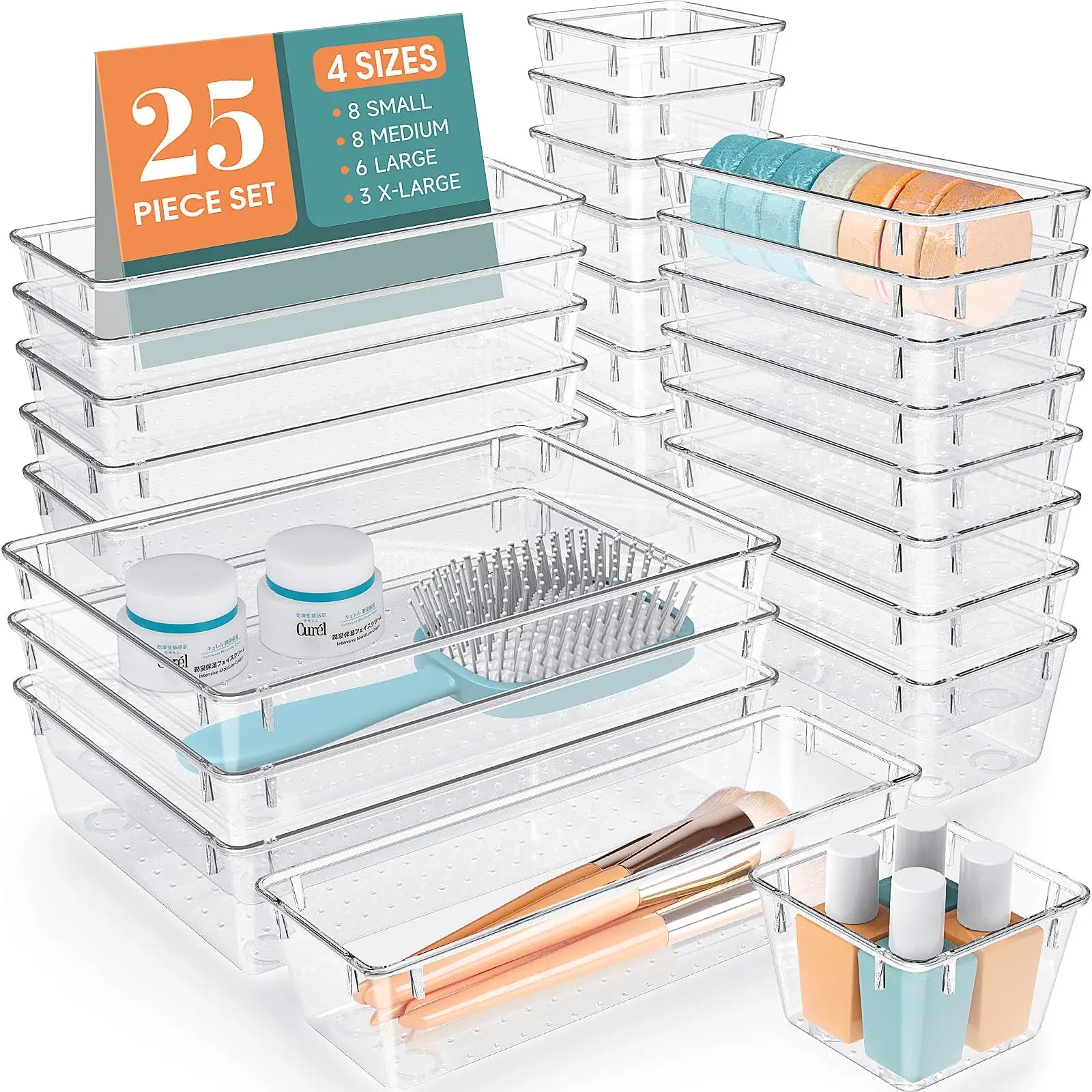 25 PCS Clear Plastic Drawer Organizer Set