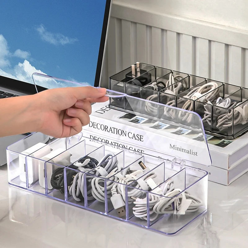 See-Through Charge Cable Organizer Box - USB Cord Management for Small Desk Accessories