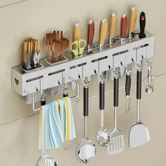 Stainless Steel Wall-mounted Multifunctional Storage Knife Rack with Multiple Brackets and Hooks