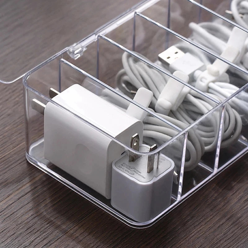 See-Through Charge Cable Organizer Box - USB Cord Management for Small Desk Accessories