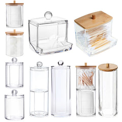 Acrylic Bathroom Storage Box with Bamboo Lid - Organizer for Cotton Rounds, Swabs, and Qtips